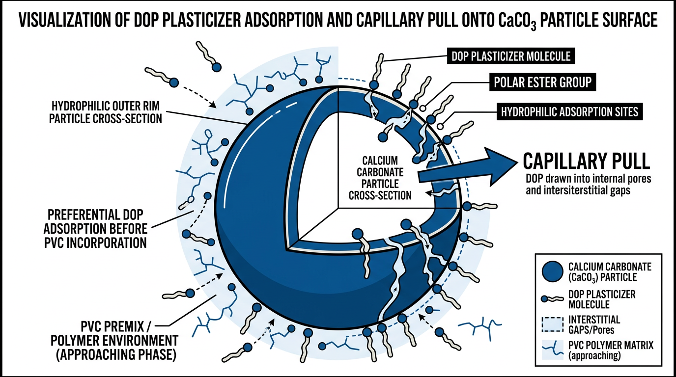 Diagram showing how calcium carbonate filler particles compete with PVC resin for DOP plasticizer during the mixing stage