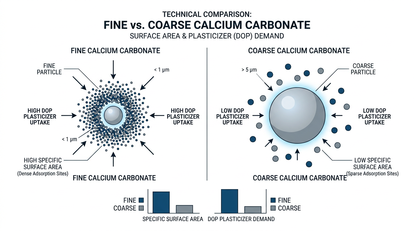 Three calcium carbonate grades used in PVC compounding showing different oil absorption characteristics affecting DOP dosage requirements