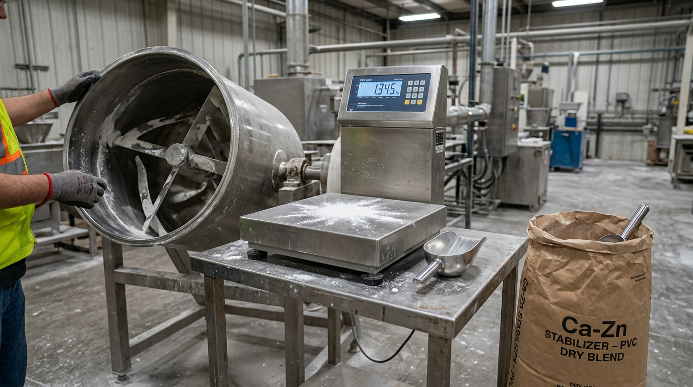 Weighing Ca-Zn stabilizer for low-cost extrusion foamed PVC sheets formulation on a precision scale beside mixer