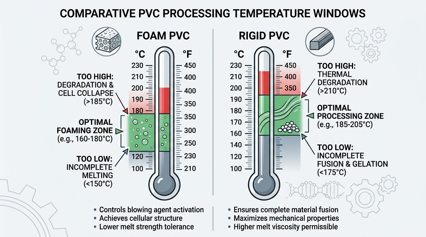 Temperature window comparison between foam and rigid PVC extrusion showing lower stabilizer demand for low-cost extrusion foamed PVC sheets