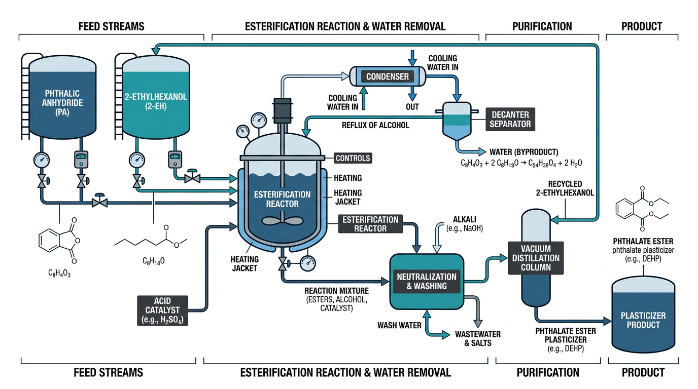 Phthalate esterification reactor schematic showing how plasticizers are manufactured from phthalic anhydride and 2-ethylhexanol