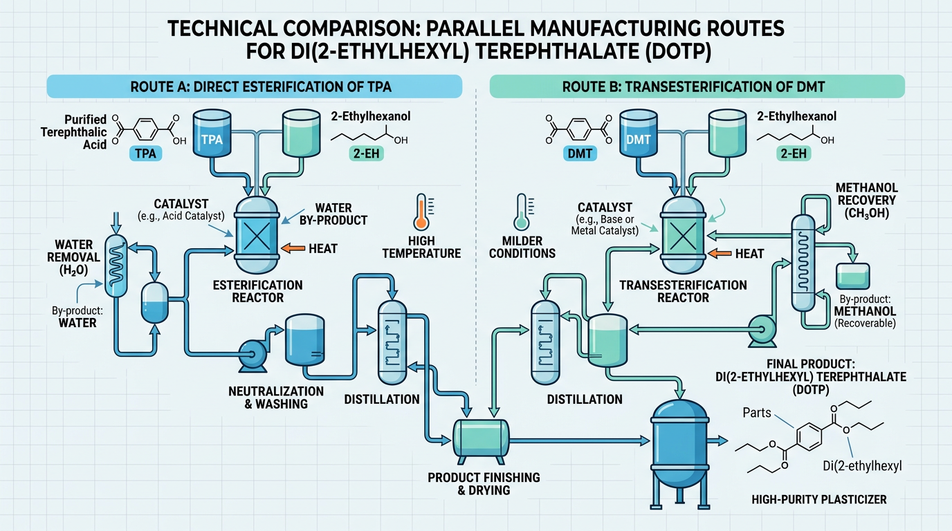 Side-by-side diagram of two plasticizer manufacturing routes producing terephthalate ester