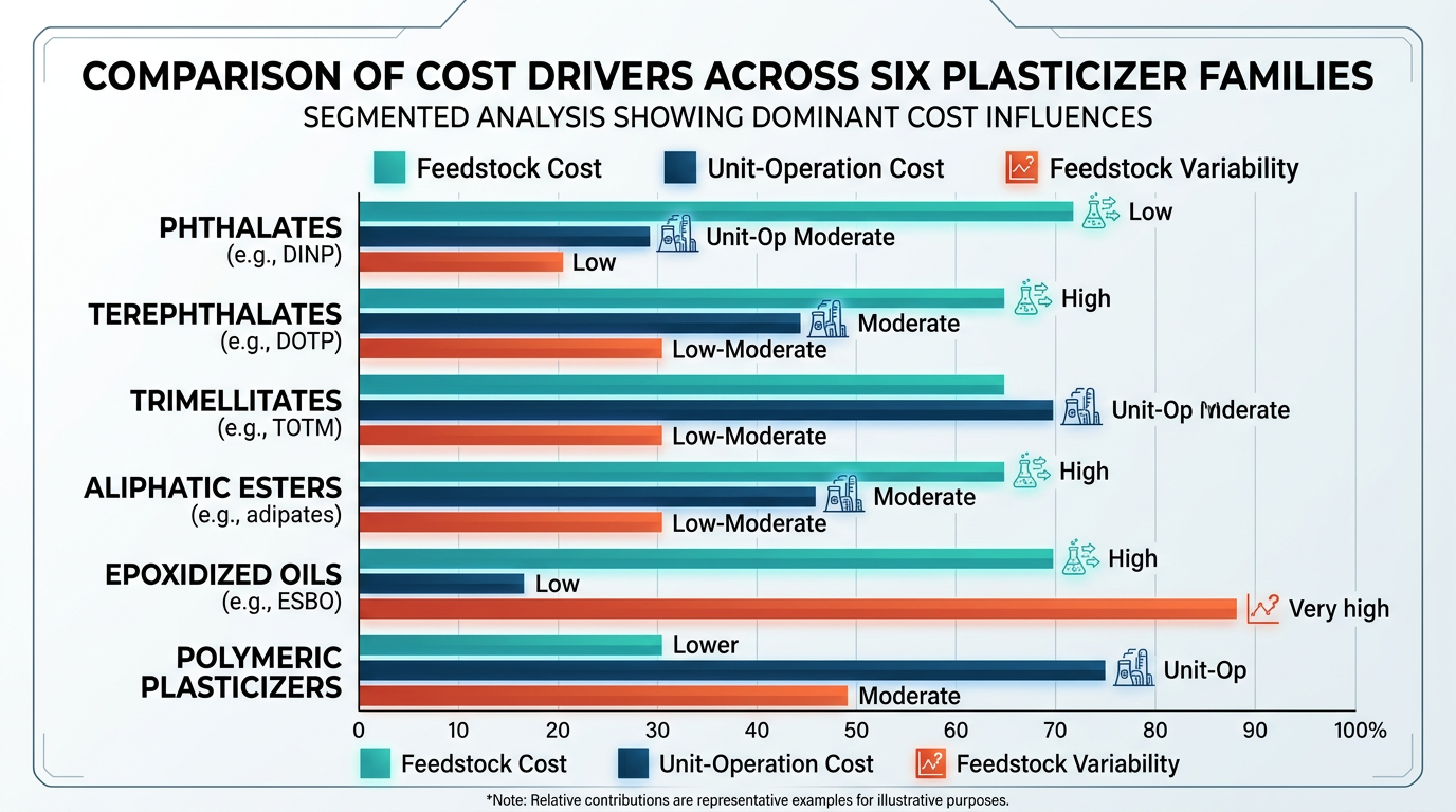 Cost driver comparison across six plasticizer families showing feedstock and unit-operation factors