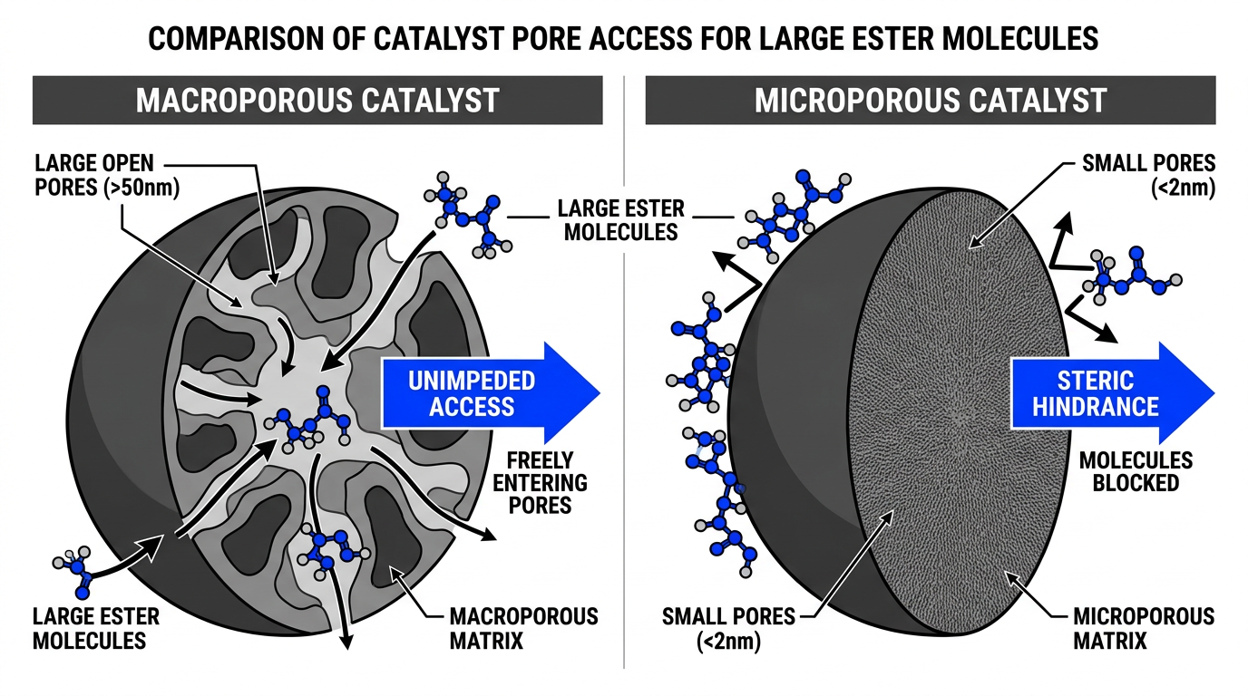 Cross-section diagram comparing macroporous versus microporous catalyst supports in DEHCH plasticizer manufacturing hydrogenation