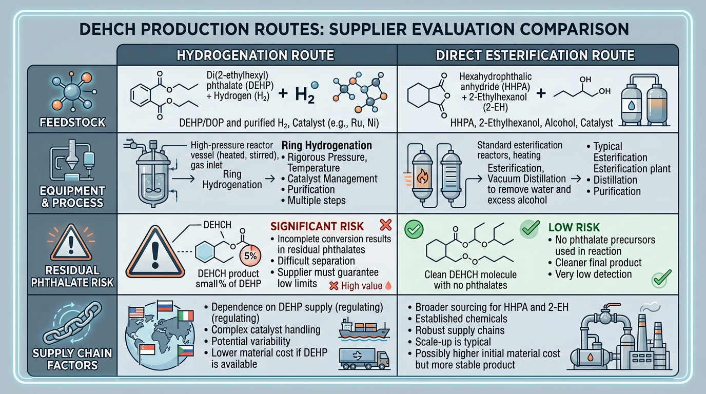 Side-by-side comparison diagram of hydrogenation versus direct esterification routes for DEHCH plasticizer manufacturing