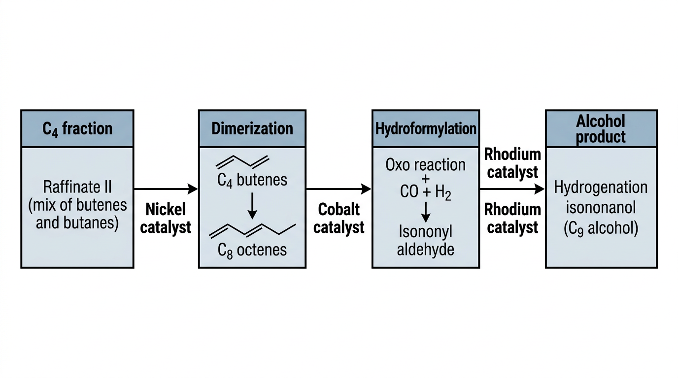 Comment le plastifiant DINCH est fabriqué 1 Schéma de la voie de synthèse en amont du plastifiant DINCH montrant la conversion du raffinat II en isononanol par dimérisation et hydroformylation