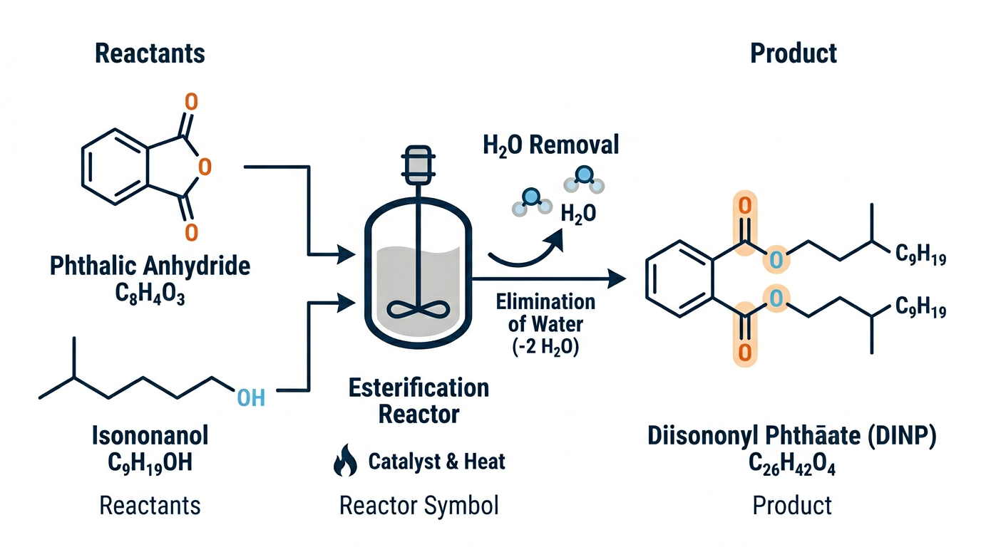 Comment le plastifiant DINCH est fabriqué 3 Diagramme de réaction d'estérification illustrant la formation de l'intermédiaire DINP dans le procédé de fabrication du plastifiant DINCH