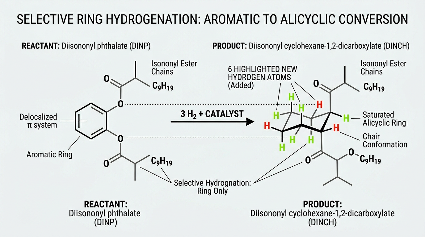 Comment le plastifiant DINCH est fabriqué 4 Mécanisme d'hydrogénation sélective du cycle aromatique lors de la fabrication du plastifiant DINCH, montrant l'ajout de six atomes d'hydrogène au cycle aromatique.