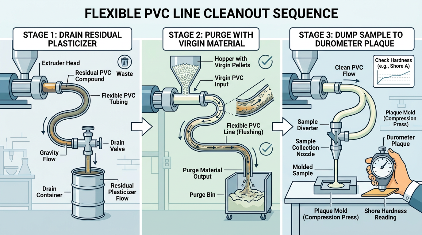 Production line cleanout sequence diagram for switch from DOP to DOTP