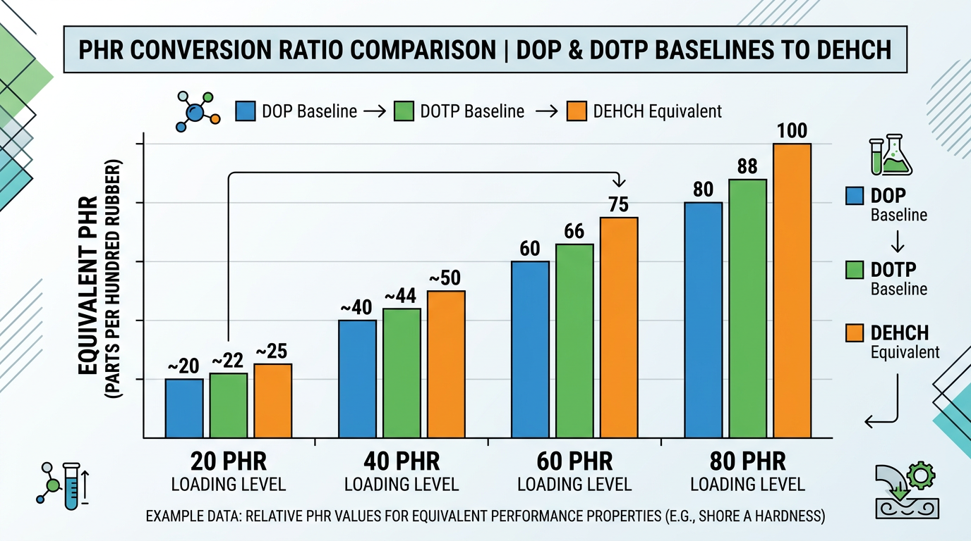How to Incorporate DEHCH into a PVC Formulation 1 PHR conversion diagram comparing DOP and DOTP baseline loadings to DEHCH PVC formulation equivalents