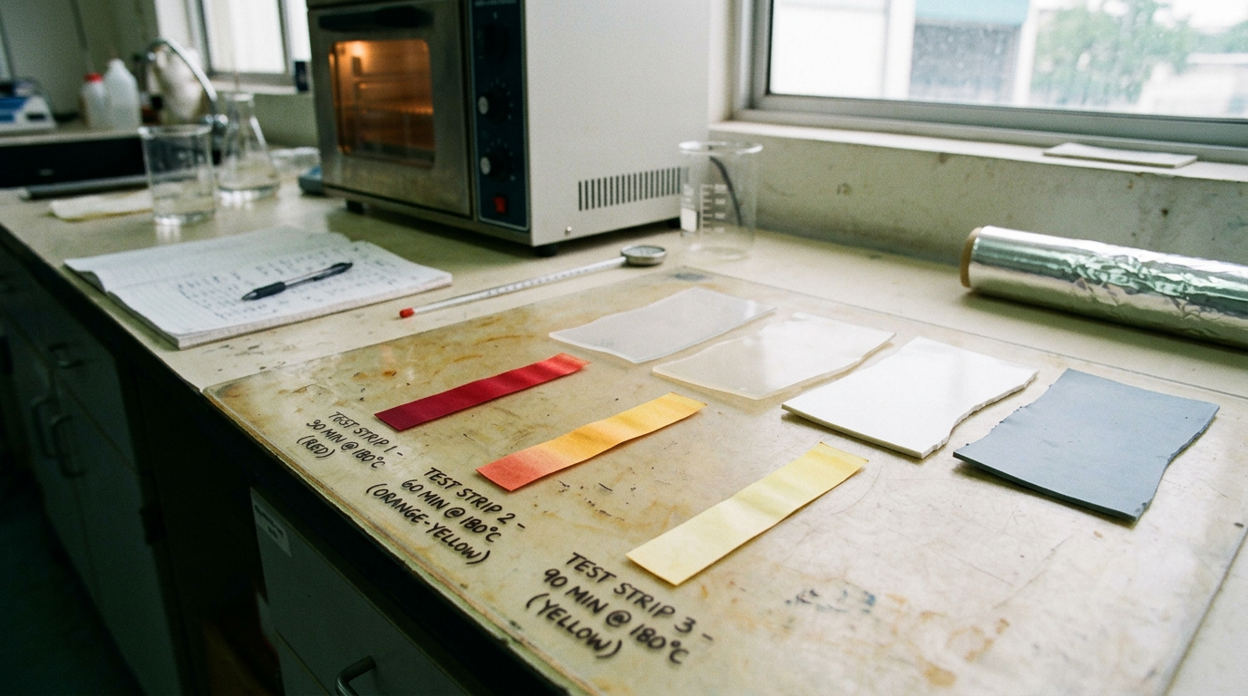 How to Incorporate DEHCH into a PVC Formulation 3 Congo Red thermal stability test strips used to validate co-stabilizer addition in DEHCH PVC formulation