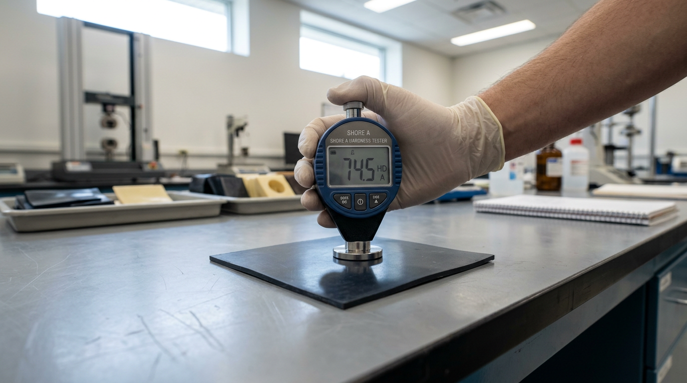 How to Incorporate DEHCH into a PVC Formulation 5 Shore A durometer hardness measurement on flexible PVC specimen during DEHCH PVC formulation validation
