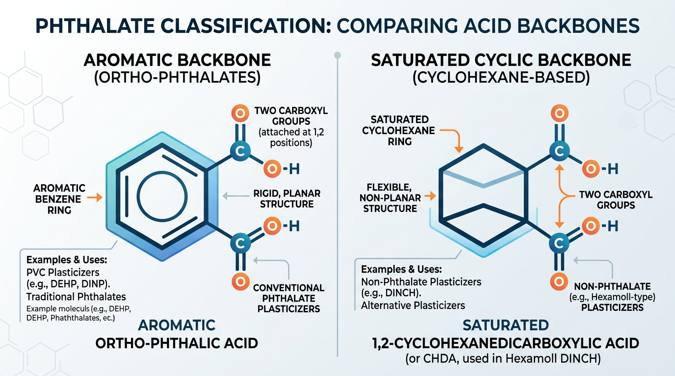 Is DEHCH a Phthalate? Chemical Classification Explained 1 Diagram comparing phthalic acid benzene ring backbone to cyclohexane dicarboxylic acid backbone used in DEHCH phthalate classification