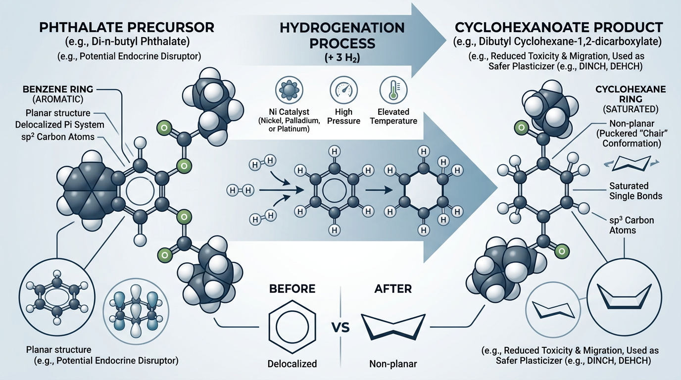 Is DEHCH a Phthalate? Chemical Classification Explained 2 Hydrogenation process diagram showing conversion from phthalate aromatic ring to DEHCH cyclohexane ring for phthalate classification change