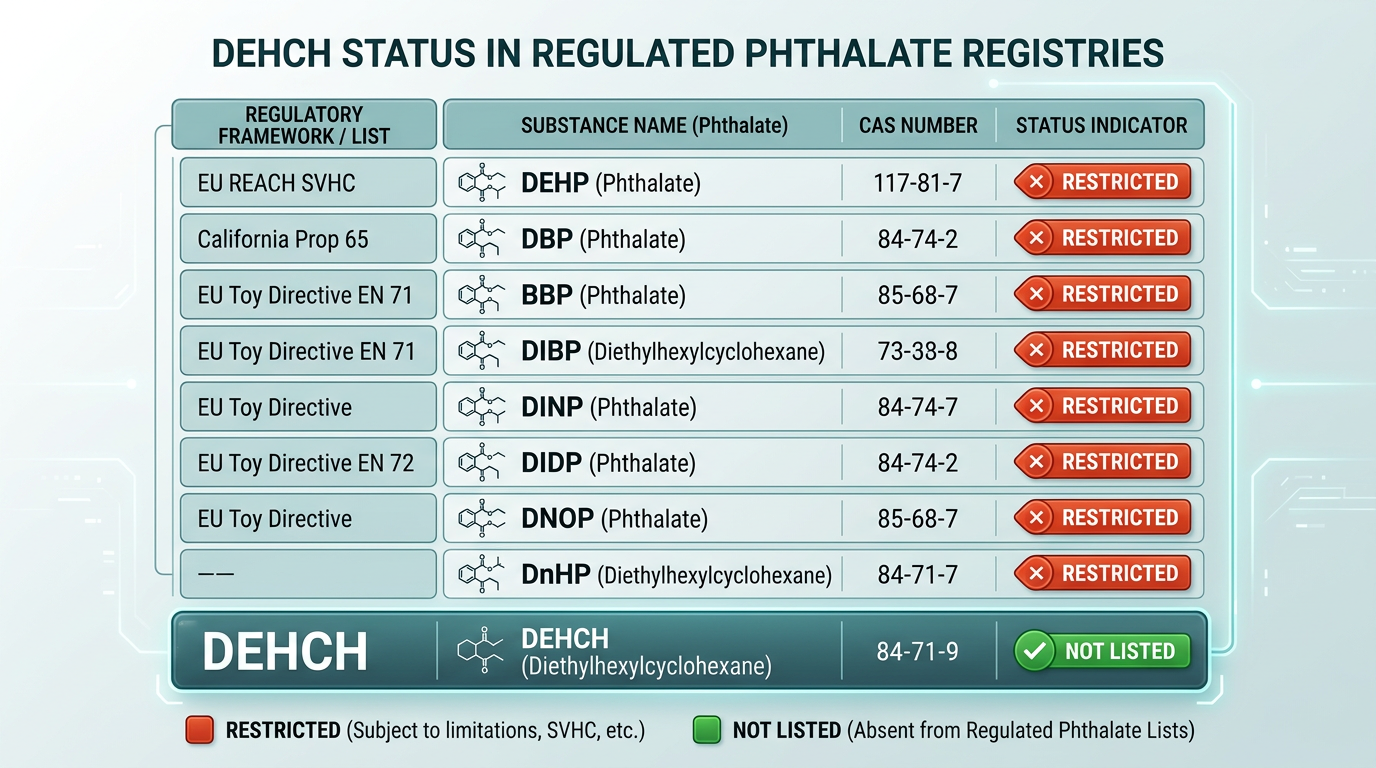 Is DEHCH a Phthalate? Chemical Classification Explained 3 Regulatory checklist diagram showing DEHCH CAS number absent from EU REACH and CPSIA restricted phthalate lists