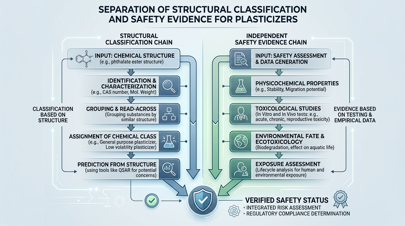 Is DEHCH a Phthalate? Chemical Classification Explained 4 Diagram showing two independent evidence chains for DEHCH phthalate classification and safety verification converging on compliance status