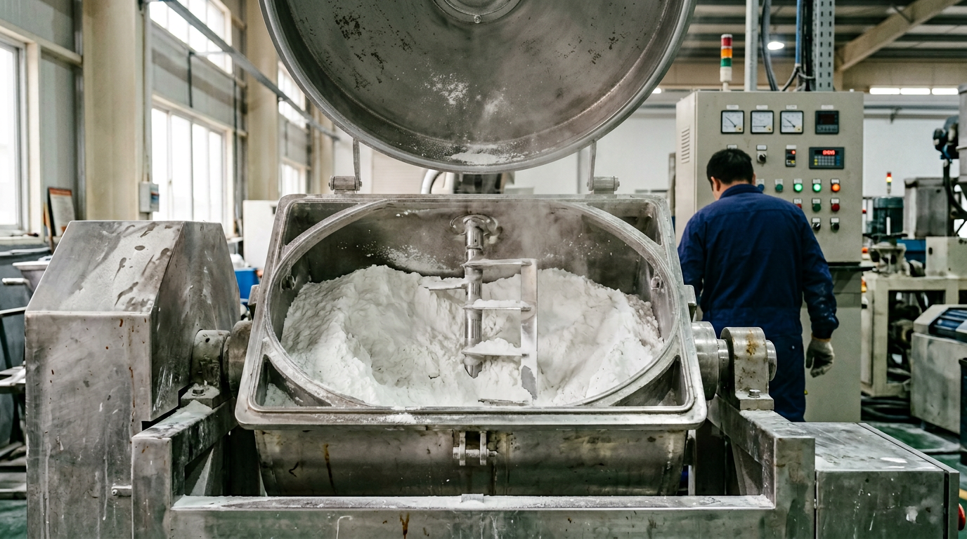 How to Mix PVC Dry Blend with DOP in a High-Speed Mixer 1 High-speed mixer loaded with PVC resin powder before DOP dry blend mixing begins