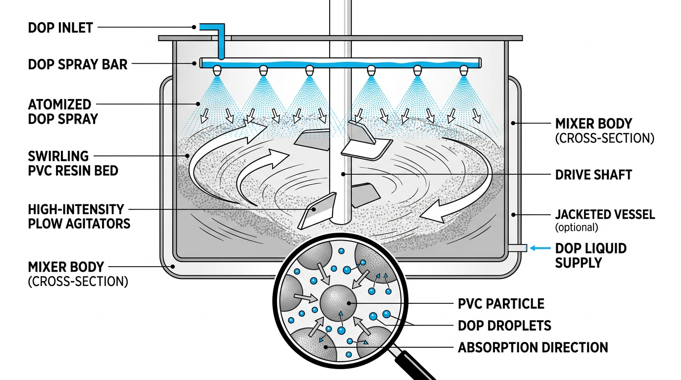 How to Mix PVC Dry Blend with DOP in a High-Speed Mixer 2 Diagram showing DOP spray addition method for even distribution when mixing PVC dry blend