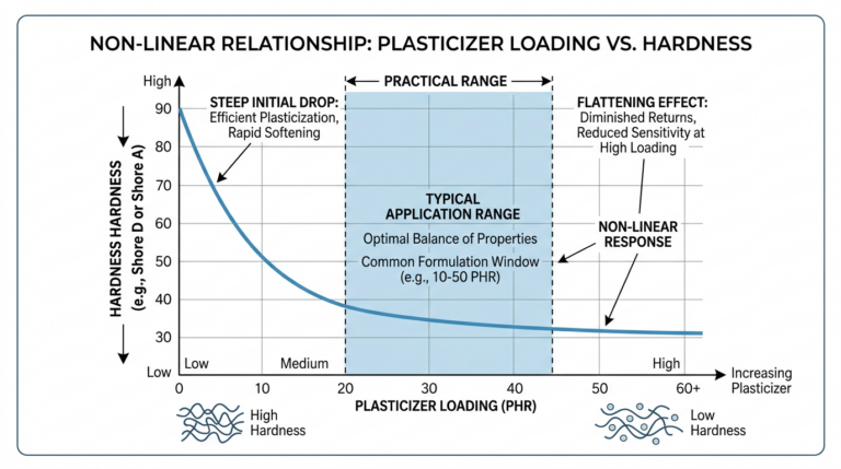 How Plasticizer Concentration Affects PVC Leather Flexibility 7 Diagram showing non-linear curve of plasticizer concentration versus PVC leather flexibility and Shore A hardness