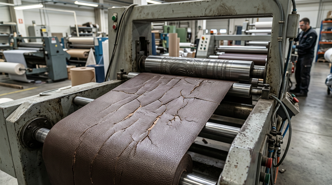 Comment la concentration de plastifiant affecte la flexibilité du cuir PVC 2 Le cuir PVC se fissure en raison d'une faible concentration de plastifiant dans la zone antiplastifiante lors du gaufrage.