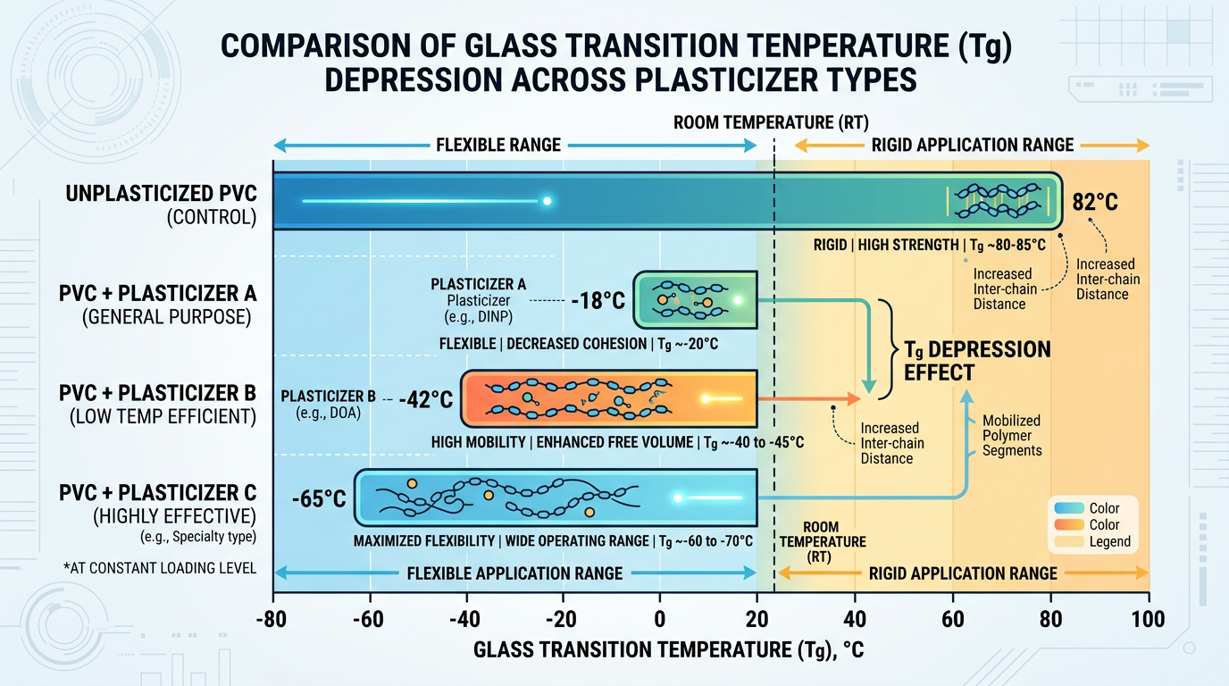 Comment la concentration de plastifiant affecte la flexibilité du cuir PVC 3 Diagramme comparatif des températures de transition vitreuse montrant comment différents types de plastifiants affectent la flexibilité du cuir PVC à concentration égale