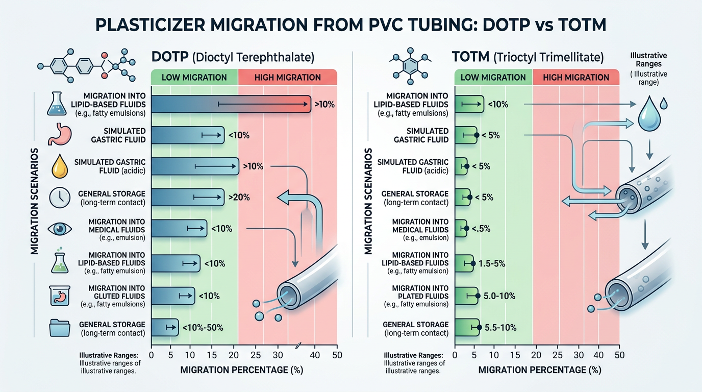 Diagrama que compara las tasas de migración de plastificantes DOTP y TOTM desde tubos de PVC de grado médico a caudales clínicos.