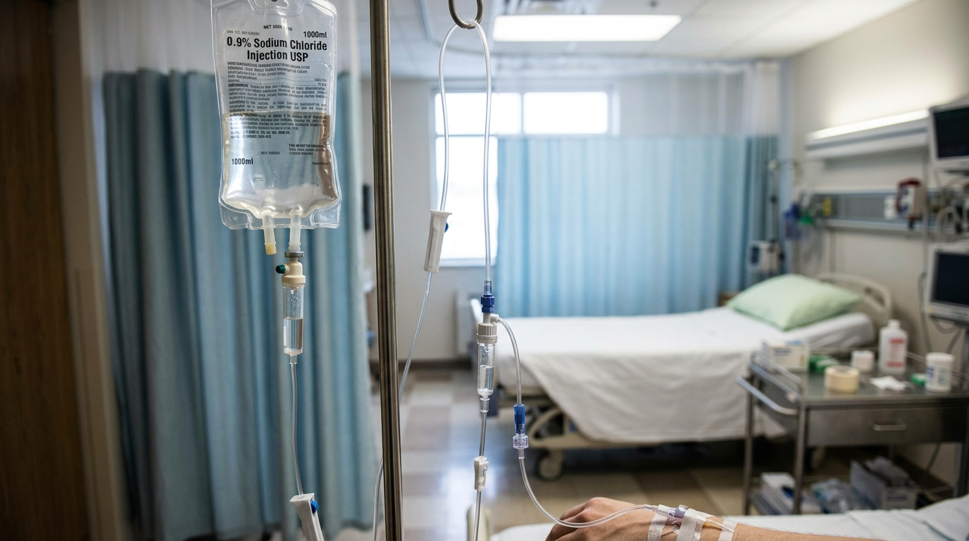 Línea de goteo intravenoso de solución salina utilizando tubos de PVC plastificado de grado médico en un entorno clínico.