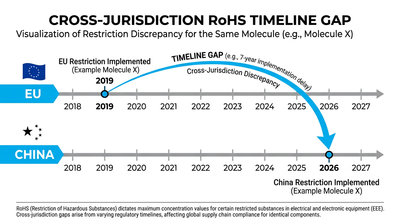 Calendriers RoHS de l'UE et de la Chine montrant l'écart de 6.5 ans entre la date limite de dépôt et la date limite de dépôt.