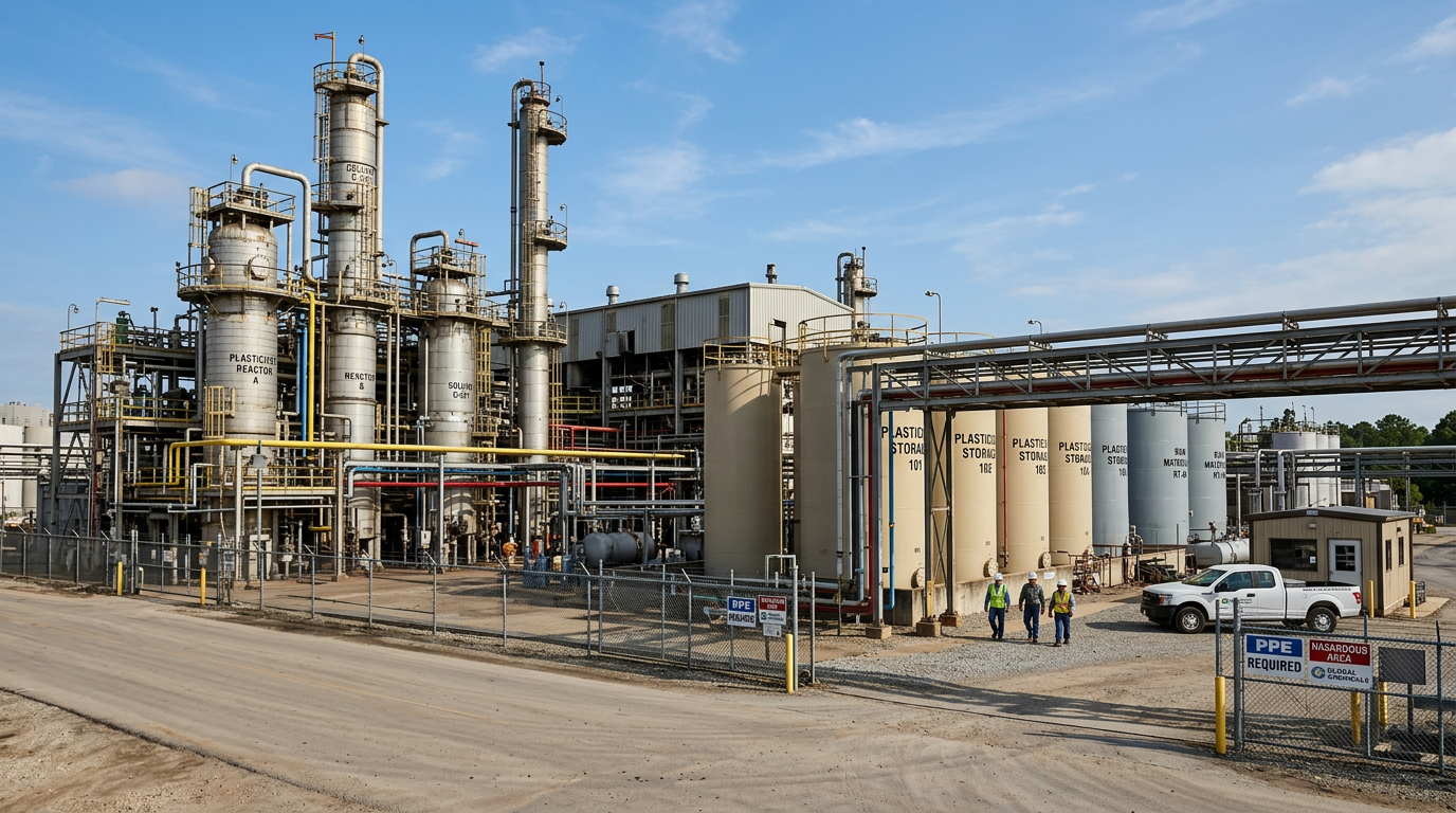 Usine de production de plastifiants où le DOP continue de fonctionner dans les régions sans règles d'élimination progressive