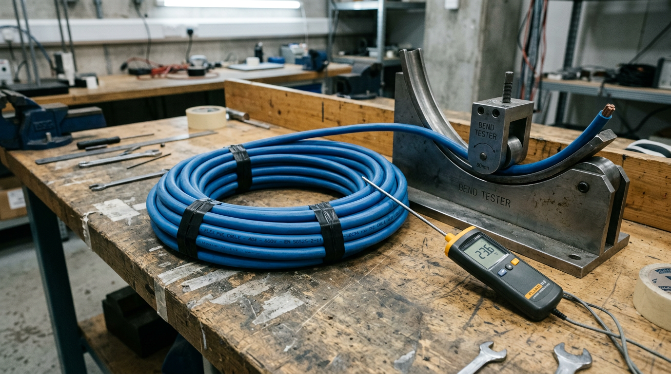 Flexible PVC cable samples set up for ASTM plasticizer migration testing in a QC lab