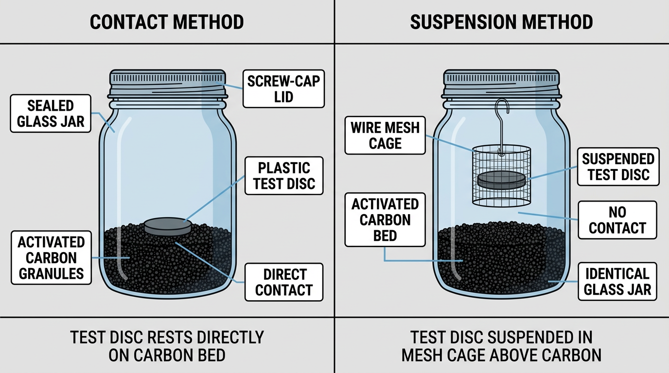 Comparison diagram of ASTM D1203 Method A direct contact and Method B wire cage configurations for plasticizer migration testing