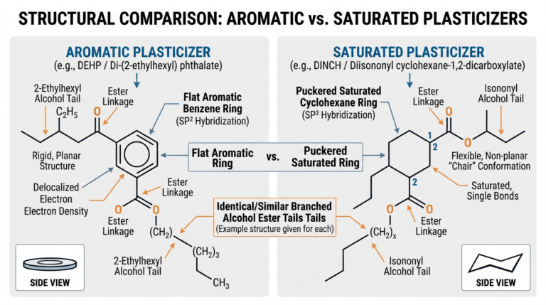 Diagram comparing DINP vs DINCH molecular structure in flexible PVC plasticizers — aromatic ring versus hydrogenated cyclohexane ring.