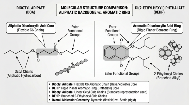 Molecular structure comparison showing why dioctyl adipate vs DEHP cold-flex performance differs at the chain level