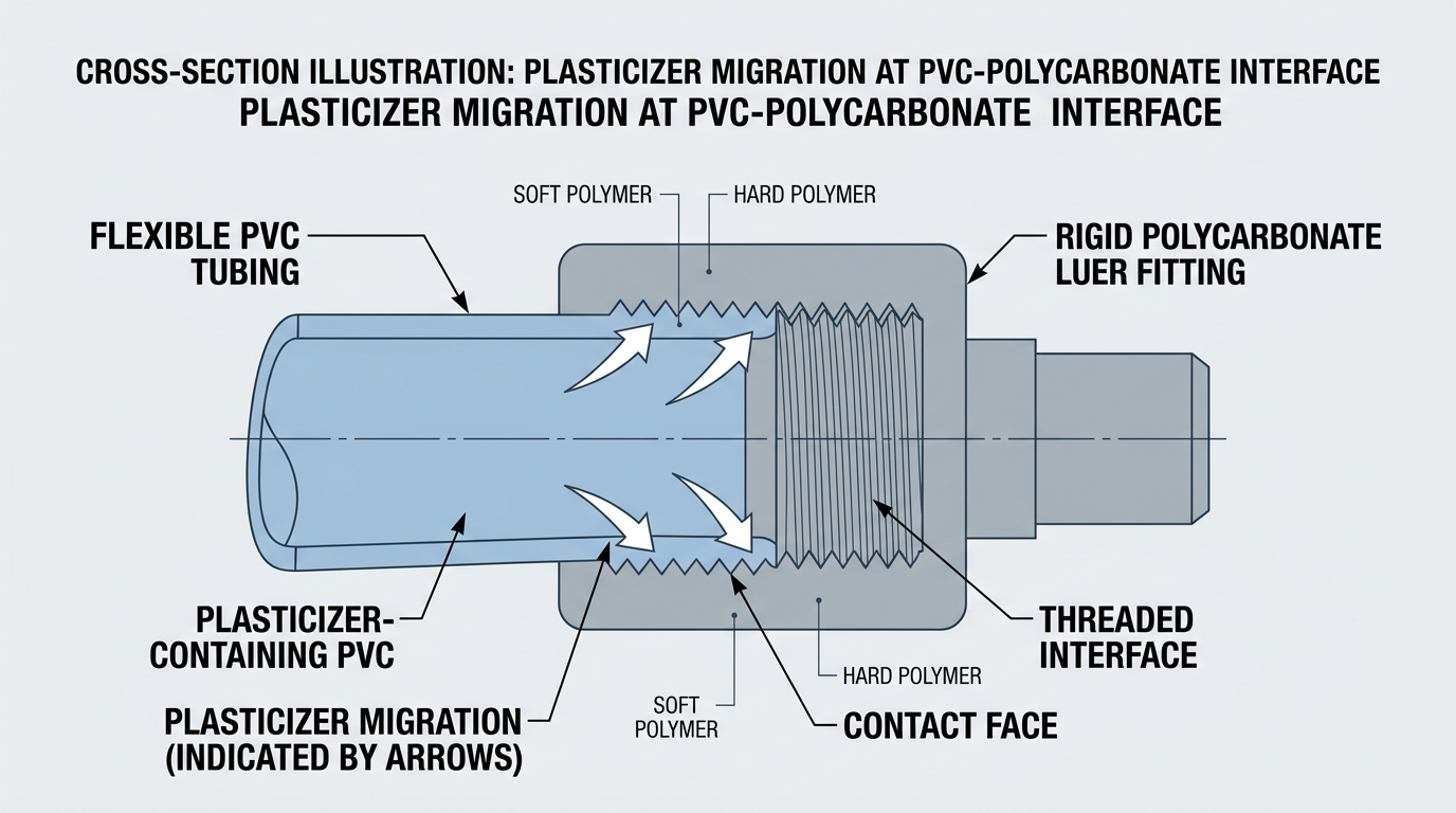 Diagrama de sección transversal de un tubo flexible de PVC acoplado a un conector Luer rígido de policarbonato que muestra la migración del plastificante en la interfaz.