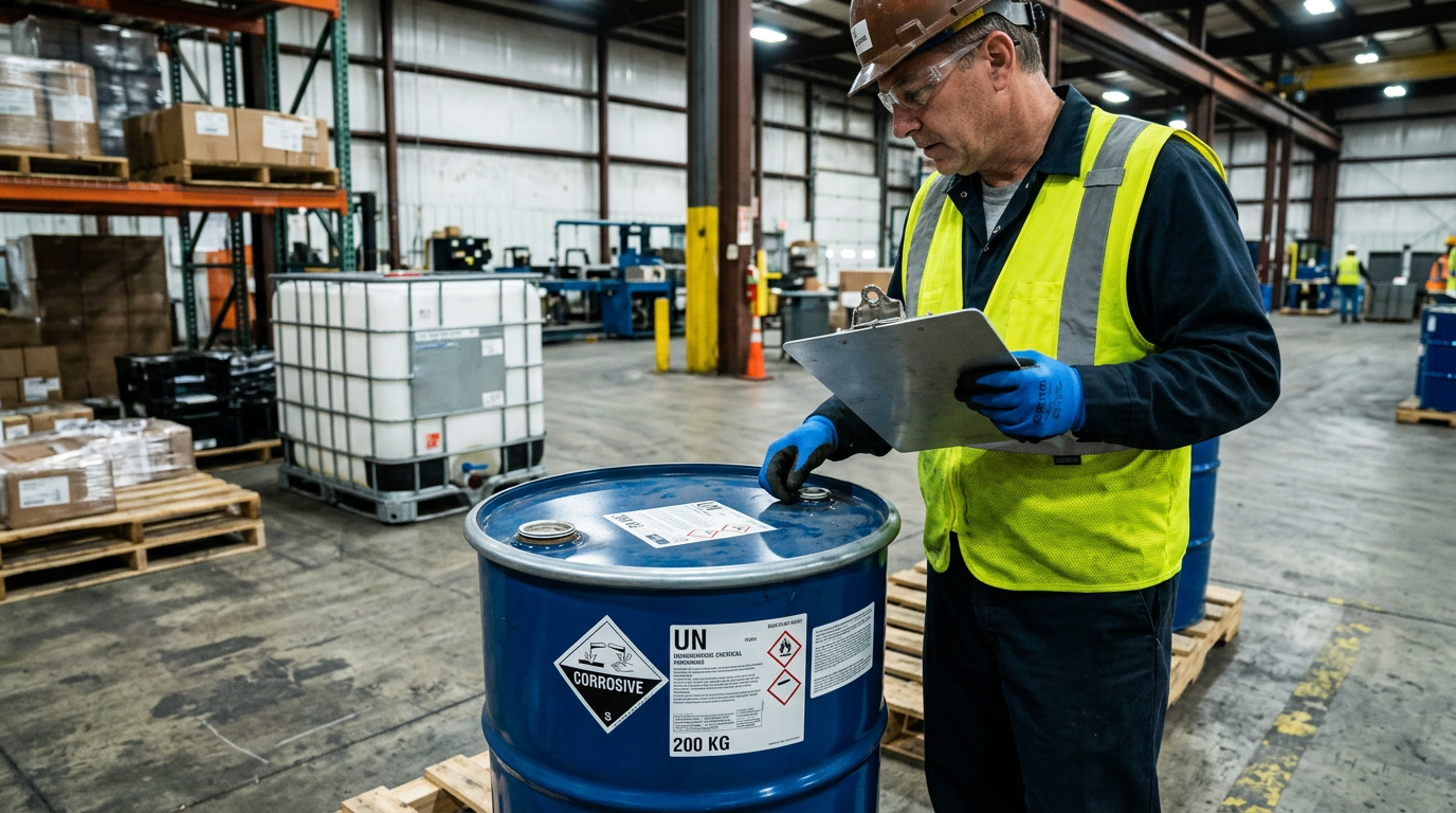 Receiving inspection of bulk DOP plasticizer drums during safe handling and storage procedures