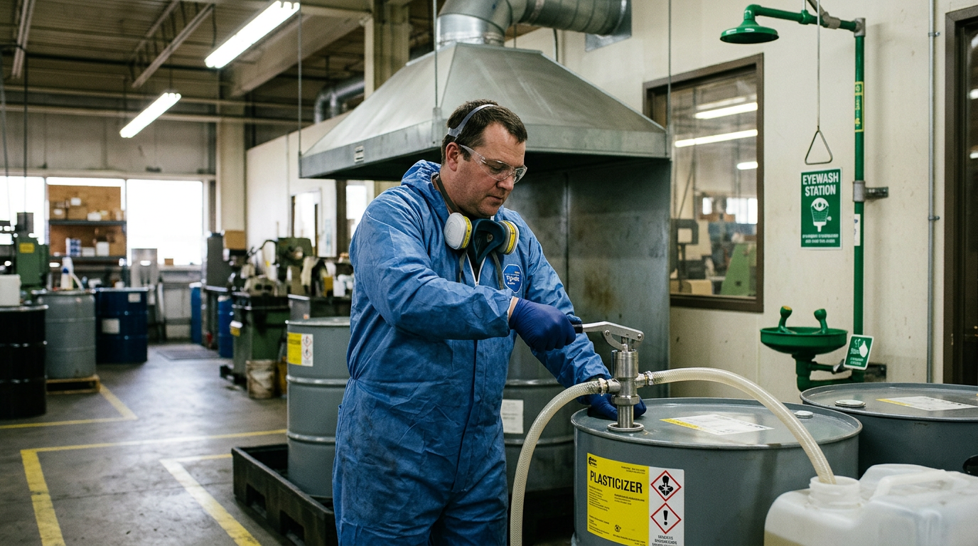 PPE and ventilation setup for safe DOP handling per DEHP DNEL exposure controls