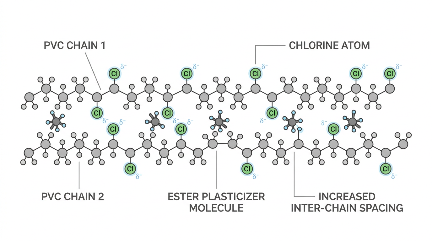 Schéma illustrant comment les plastifiants s'insèrent entre les chaînes de PVC pour abaisser la température de transition vitreuse