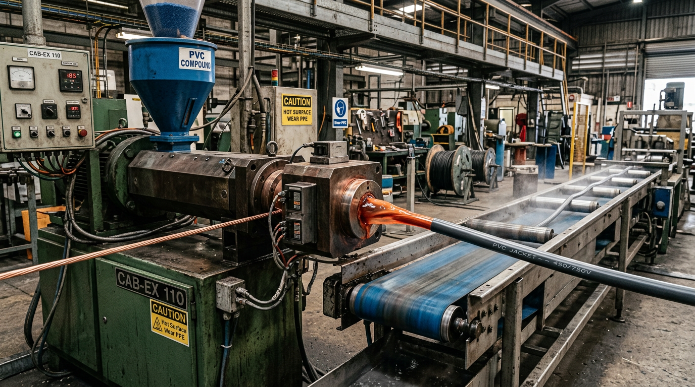 PVC cable extrusion line where DOP plasticizer thermal behavior governs processing temperature and long-term volatility