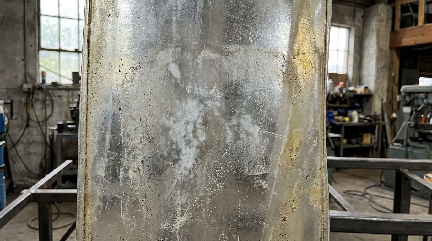 Aged vinyl surface showing plasticizer blooming caused by DOP migration outside the compatibility envelope