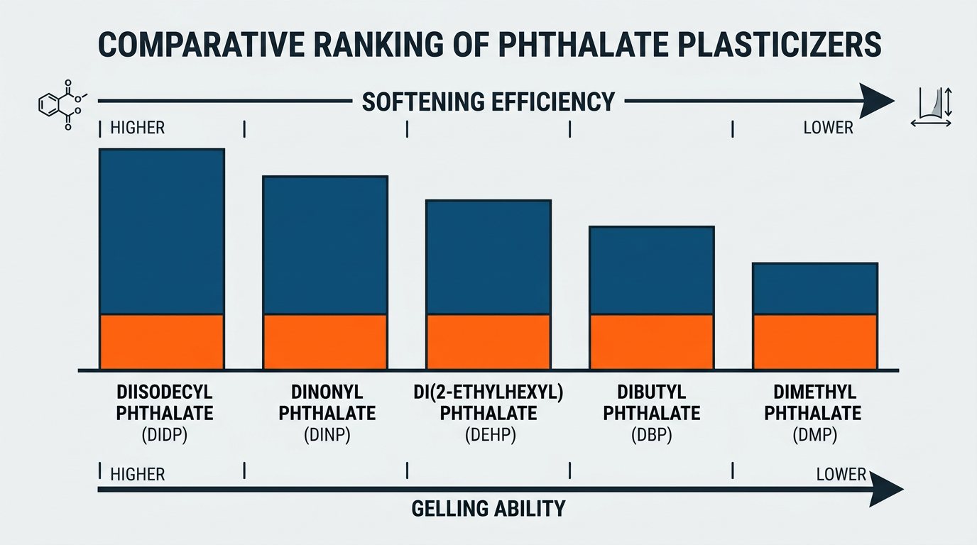Phthalate plasticizer family ranking chart showing where DIBP plasticizer sits in softening efficiency and gelling ability
