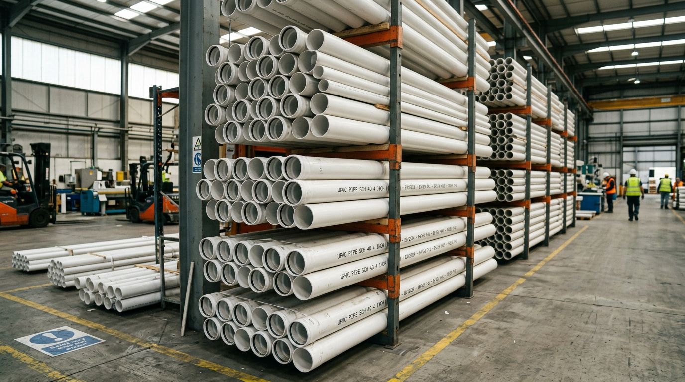 Stacked UPVC pipe sections at a PVC compounder facility showing rigid unplasticized polyvinyl chloride extrusions