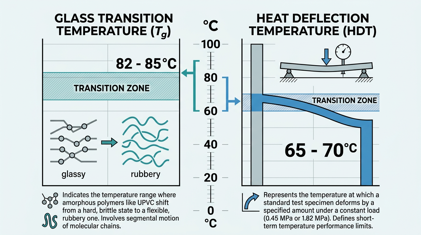 Diagram comparing UPVC glass transition temperature at 82-85°C versus heat deflection temperature at 65-70°C