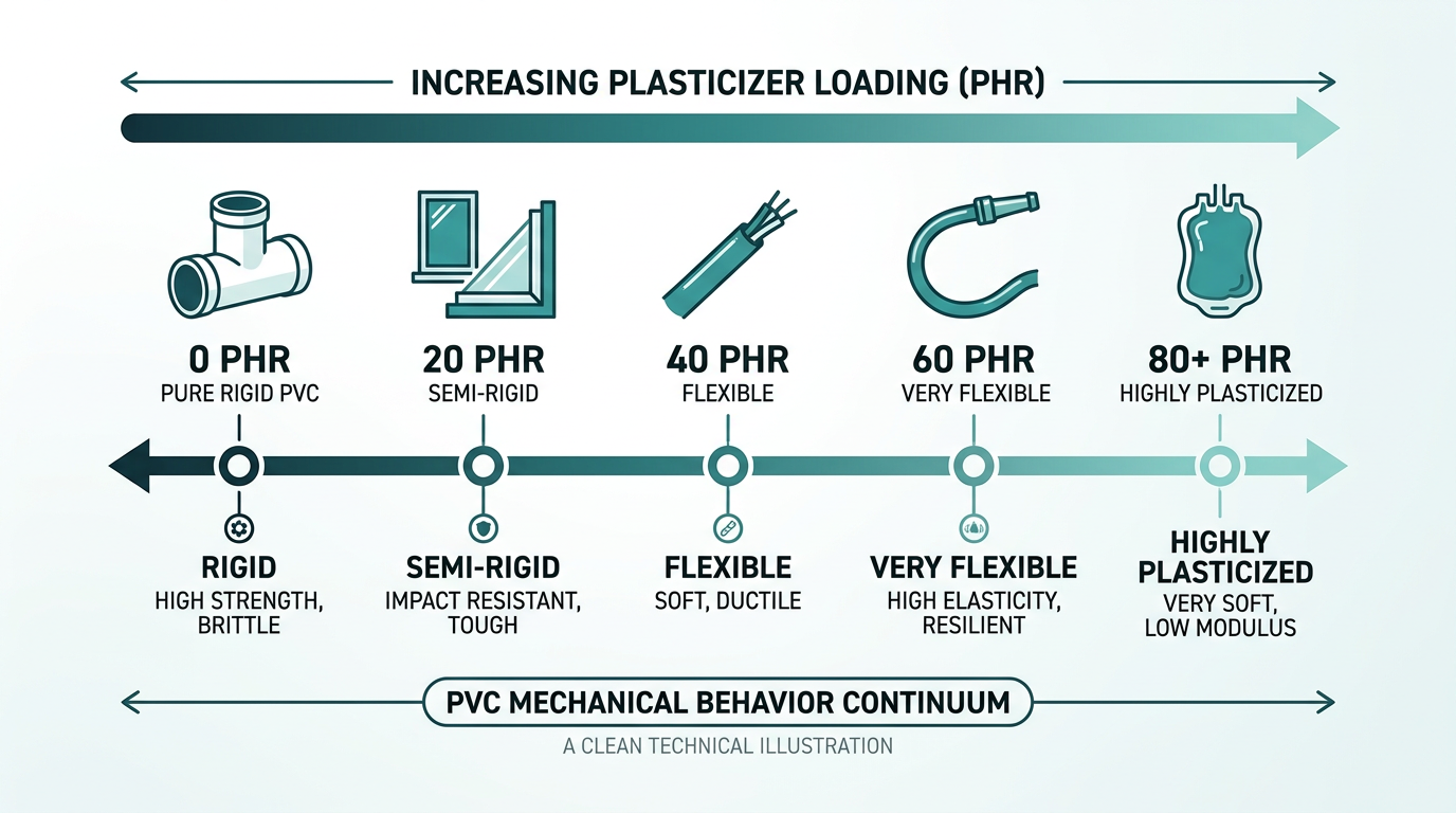 Diagram showing how plasticizer loading cascades UPVC from rigid to flexible PVC across the formulation continuum
