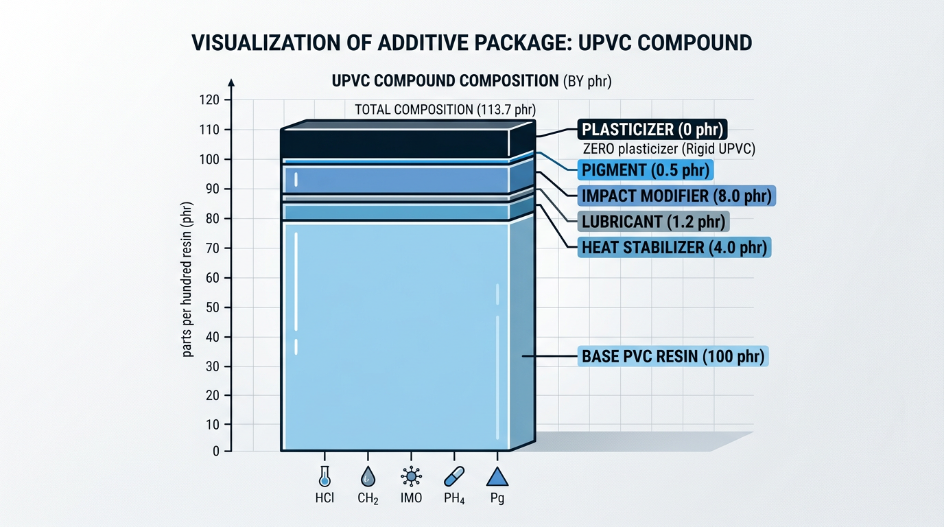 Diagram showing the UPVC compound composition with zero plasticizer phr and the heat stabilizer, lubricant, and impact modifier additive package