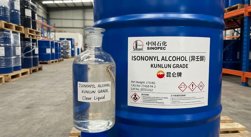Isononyl alcohol (INA) clear liquid product, Bastone production grade, stored in steel drum
