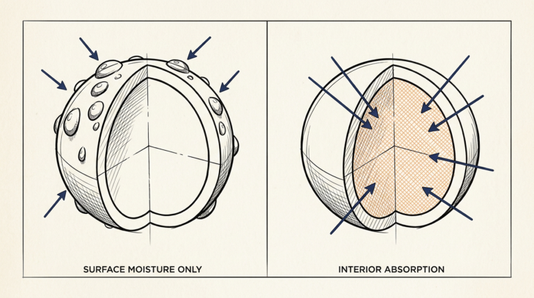 Diagram showing why PVC resin is non-hygroscopic with surface-only moisture versus internally absorbed water