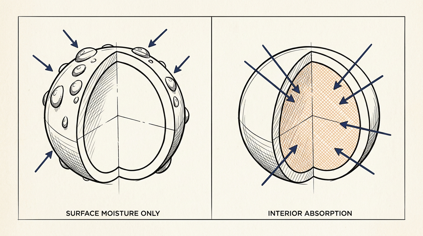 Diagram showing why PVC resin is non-hygroscopic with surface-only moisture versus internally absorbed water