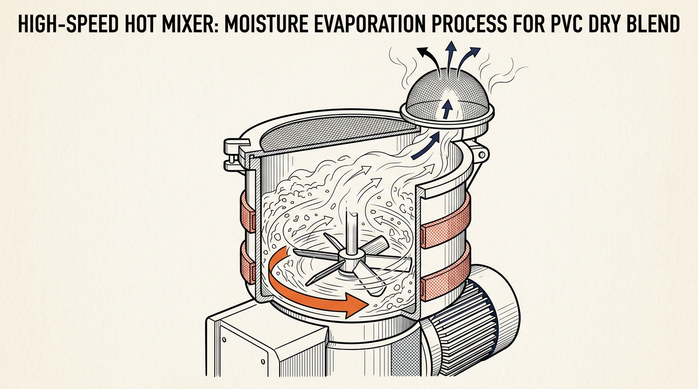 Cutaway sketch of a hot mixer removing moisture during PVC resin drying in dry-blend compounding