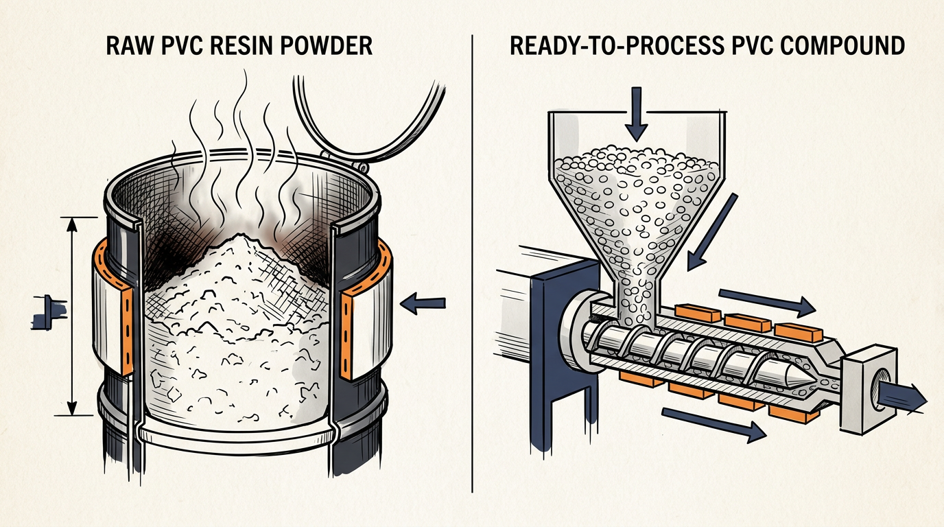PVC Resin vs PVC Compound: Which One Should You Buy? 1 PVC resin powder versus ready-to-process PVC compound at extrusion heat