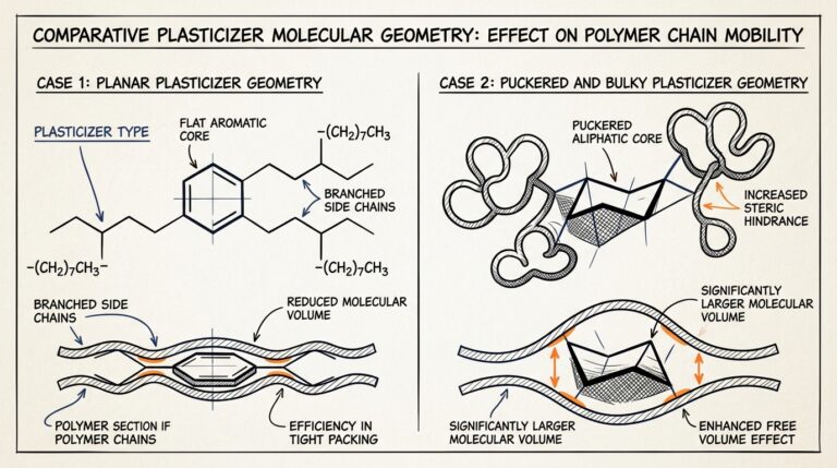 Molecular structure comparison of DOTP vs DINCH plasticizer backbones